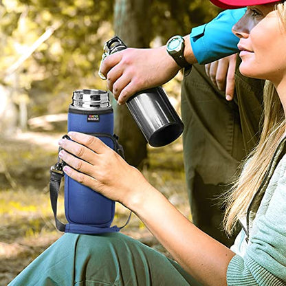 Nuovoware Water Bottle Carrier Bag, 25oz/32oz, Navy blue | Adjustable Shoulder Hand Strap, 2 Pocket, Neoprene Sleeve, For Hiking Travelling Camping - color: Navy Blue, size: 25-32 Ounces - Standard