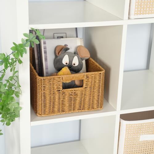 YRMT Rattan Storage Basket Pantry Basket with Built-in Handles Wicker Basket for Organizing Shelves Waterproof Woven Basket Nature (14"x10"x6.3") - size: 14"x10"x6.3"