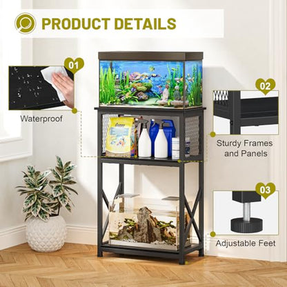 Snughome 10 Gallon Aquarium Stand with Storage, 3 Tier Heavy Metal Fish Tank Stand Shelf 20.47" x 11.42" x 30.91", Black - color: Black