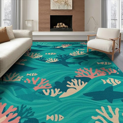 6'x9' Washable Beachy Shark Area Rug, Cream Non-Shedding Pet Friendly Room Rug Foldable Easy Care Carpet for Queen Size Bedroom, Under Bed, Master Suite | Ref:2068009 - color: Blue/Pattern 1, size: 6' x 9' (Rectangular)