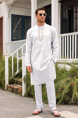 Runcati Mens Kaftan Thobe Button Down Casual Henley Shirts Long Sleeve Robe Cotton Linen Muslim Gown Shirt - color: White, size: X-Large