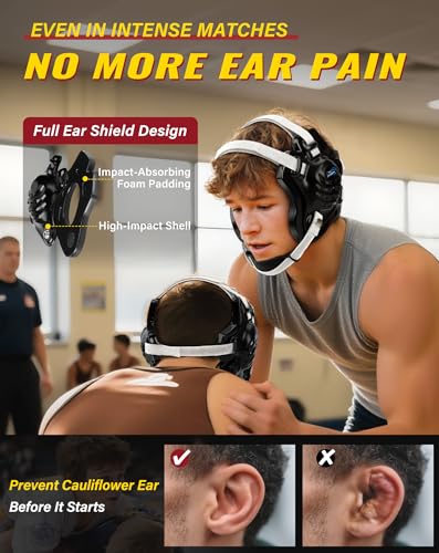 Trymaker Wrestling Headgear, Head Gear for Men and Youth with Chin Cup, Dual-Layer Ear Guard for MMA, BJJ (for Users Age 10+) - color: Black Headgear & White Strap