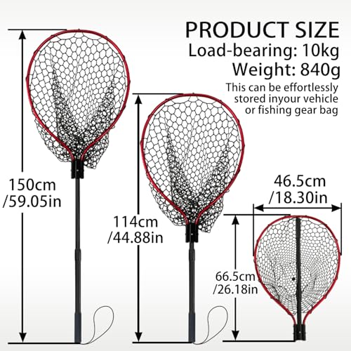 All Metal Telescoping Rubber Fishing Net with Handle Length: 59" Depth:19.7" Hoop: 26"x18" Large Silicone Fish Landing Net Pier/Kayak/Fishpond/Saltwater/Salmon Extendable Fishing Gear - color: Red plus