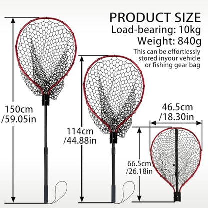 All Metal Telescoping Rubber Fishing Net with Handle Length: 59" Depth:19.7" Hoop: 26"x18" Large Silicone Fish Landing Net Pier/Kayak/Fishpond/Saltwater/Salmon Extendable Fishing Gear - color: Red plus