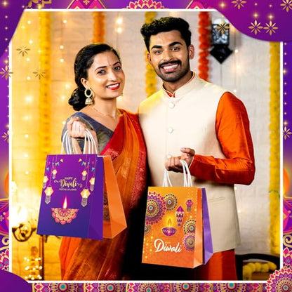 Kolldenn 12 Happy Diwali Treat Bags with Handle - Festival of Lights Gift Bags for Indian Diwali Party Decor