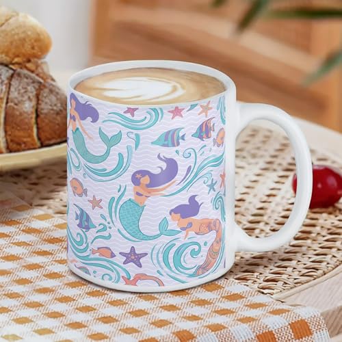 Mermaid Ceramic Coffee Mug, Underwater Playful Fish Starfish Summer Aqua Novelty Office Drinking Cup with Handle Ideal for Friendship Family Colleague Staff Sweetheart Teachers 11 Oz - size: 11 Ounces