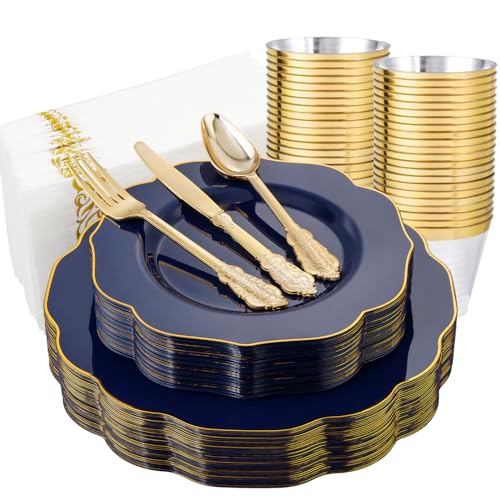 NOCCUR 175PCS Blue Plastic Plates with Disposable Silverware - Include 50 Blue Disposable Plates with Gold Rim,75 Gold Cutlery,25 Cups,25Napkins for Party/Wedding/Graduation/Independence Day - color: Navy Blue, size: 175 Pieces (25 Guests)