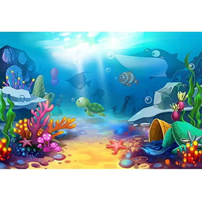 6x4ft Cartoon Underwater World Photography Backdrop Blue Ocean Beautiful Coral Cute Fish Background Kid's Birthday Baby Shower Party Cake Table Banner Portraits Photo Studio Props - size: 6x4ft