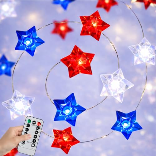 BOHON 4th of July Decorations Battery Operated String Lights with Remote - color: Red Blue and White