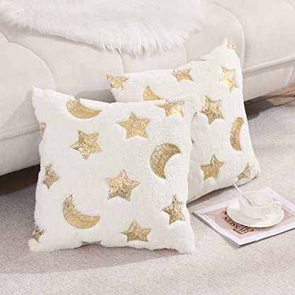 Holibeat White Moon Star Sequins Pillow Covers Ramadan Fur Cushion Covers 18x18 inch DecorationThrow Pillow Cases (Pack of 2) - color: White Moon Star
