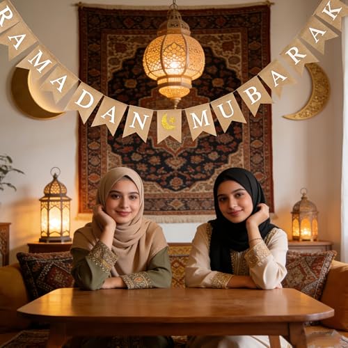 Ramadan Mubarak 배너 삼베 글리터 달과 별 표지판 사전 스트링 라마단 배너 이슬람 이드 장식, 벽난로 장식용 - color: 라마단