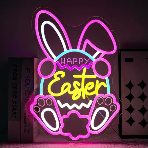 Happy Easter Neon Sign for Wall Decor Dimmable Bunny Egg Led Neon Lights Religious Christian LED Signs for Bedroom Church Home Easter Party Window Decoration Gifts for Kids - style: Happy Easter