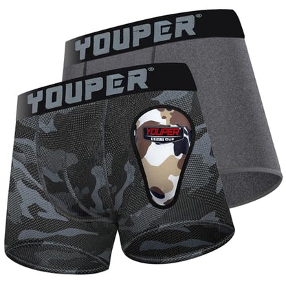Youper 2 Pack Youth Brief with Soft Protective Athletic Cup, Youth Compression Underwear for Baseball & Football - color: Dark Grey & Camo, size: Large