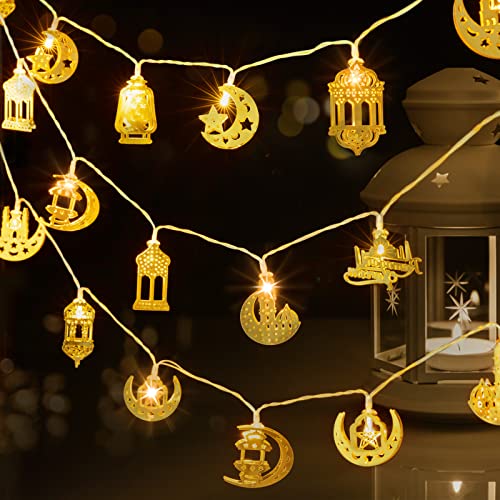 Ramadan Eid String Light - 9.8 ft 20 LEDs Mubarak String Light, Muslim String Decor with Moon Star Kerosene Lantern Palace Ornaments for Islamic Indoor Outdoor Home Garden Party Supplies - White Bulb - style: Lantern & Palace