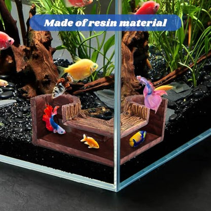 Aquarium Cave, Dual Hole Underground Resin Stump Fish & Shrimp Hideout Tunnel, Natural-Looking Wood-Like Fish Hideout for Aquarium for Betta, Loaches, Corydoras(5.3" × 5.3" × 2.6")