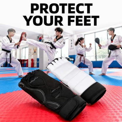 Taekwondo Foot Protector Gear, PU Leather Martial Arts Foot Guard, 1 Pair for Men Women - Adjustable Ankle Support, Breathable Half Finger Design, Training and Competition Use