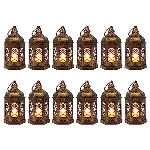 LLQ Mini Lantern with LED Candle, 12PCS Small Lanterns Decorative Indoor, Vintage Moroccan Lights for Halloween Decorations, Hanging Ornaments for Christmas, Table Centerpiece, Boho Wedding Decor - color: Brushed Brass