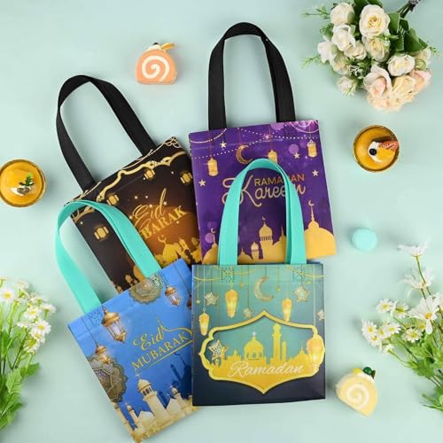 LOONELO Ramadan Mubarak Gift Bags with Handle, 8pcs Eid Mubarak Non-Woven Favor Tote Bags for Goodie, Biscuit, Muslim Reusable Candy for Ramadan Kareem Hajj Festival Wedding Party Decorations