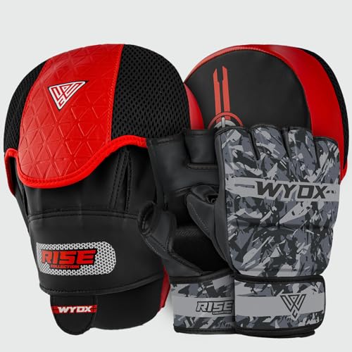 WYOX MMA Gloves & Boxing Focus Mitts Set – Hybrid Open Palm Grappling Gloves with Wrist Support + Curved Punching Pads with Gel Shock for Muay Thai, Kickboxing, Karate Training (Men & Women)