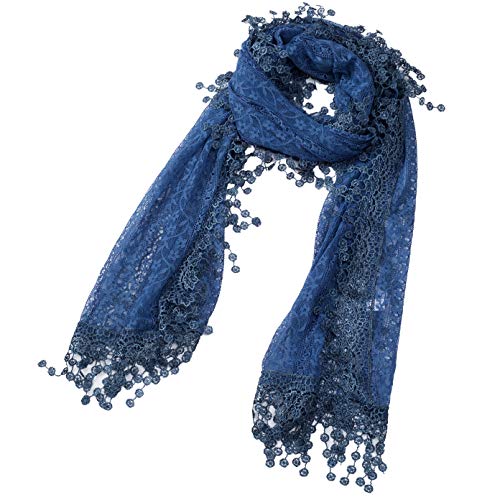 Cindy & Wendy Lightweight Soft Leaf Lace Fringe Scarf Bridal Shawl for Women - color: Denim Blue-2