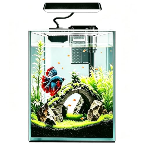 Ultra White Glass Betta Aquarium Starter Kits 1.5 Gallon Small Fish Tank, Betta Fish Tank with LED Light, Power Filter, 4mm Glass - color: Ultra-white