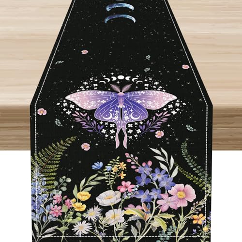Butterfly Table Runner, Retro Floral Starlit Stars Boho Gothic Moon Seasonal Wildflowers Table Center Decor for Home Kitchen Dining Patio Holiday Party Indoor Outdoor Table Decorations 13"x36" - color: Tr-moth04, size: 13x36" Table Runner