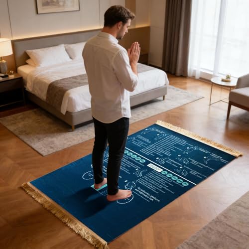 Bilingual Guided Prayer Mat with Direction Finder, Read in English and Say It in Arabic Guided Prayer Mat for Salah and Meditation (Blue, L)