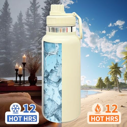 32 oz Insulated Water Bottle with Spout Lid - Double Wall Vacuum Sports Water Bottle - Powder Coated Cup for Gym Camping Hiking(Cream,1 pack) - color: Cream