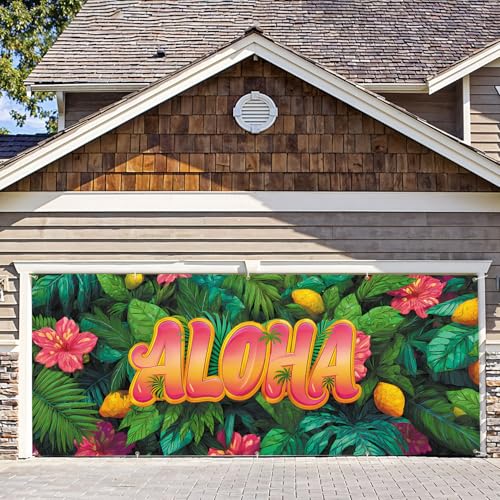 7 * 16FT Summer ALOHA Garage Door Cover Decorations Sunset Palm Trees Garage Door Banner for Outdoor Indoor Summer Party Photography Backdrop - color: ALOHA, size: 7*16 ft
