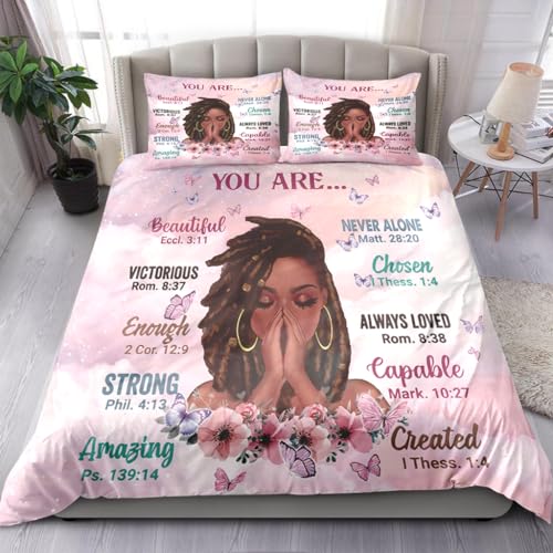 Kids Comforter Sets, Full Size, Pink White | Prayer Girl and African American Girl, Inspirational Quotes with Floral Butterfly, For Girls Women, Teens Bedding - color: Pink White, size: Full