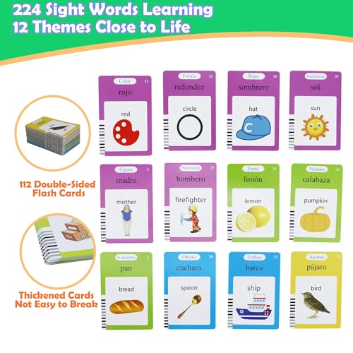 MAYAPHILOS Spanish and English Talking Flash Cards, 224 Sight Words Learn Spanish for Kids, Audible Educational Interactive Autism Sensory Toys for Toddlers - size: 224 Words Spanish and English
