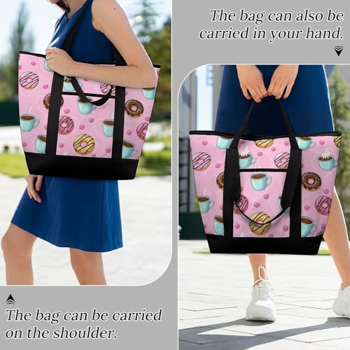 SWEET TANG Soft Cooler Bag, Large Reusable Insulated Grocery Bag with Zipper Top, Travel Tote for Hot or Cold Food (Coffee Donuts Pink) - color: Pattern 85