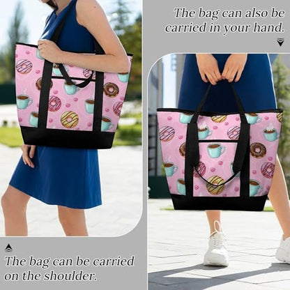 SWEET TANG Soft Cooler Bag, Large Reusable Insulated Grocery Bag with Zipper Top, Travel Tote for Hot or Cold Food (Coffee Donuts Pink) - color: Pattern 85
