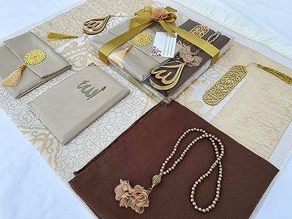 SAIKA Muslim Prayer Rug, 7 in One Gift Set, Prayer Mat Surah Book, Tasbeeh, Scarf, Surah Case, Bookmark, Car Mirror Hanger, Prayer Beads,Islamic Gift for Umrah, Hajj, Wedding, Janamaz (Gold) - color: Gold