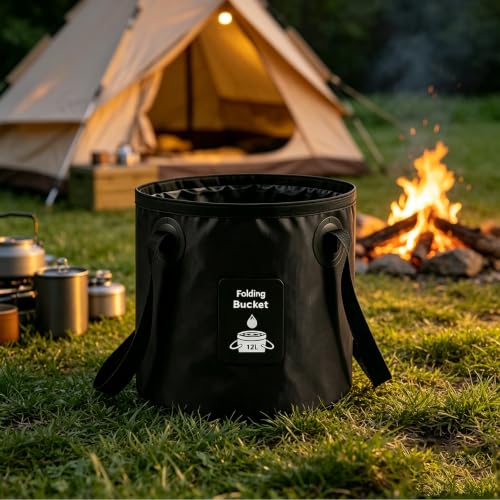 Collapsible Bucket with Handle, Lightweight Folding Water Container, Portable Collapsible Bucket for Fishing, Camping, Hiking, Backpacking, Outdoor Survival, Car Washing Black 12L - size: 12L