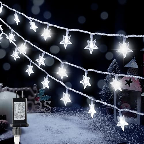 HEYFUNi White Star String Lights, 33FT 100 LED Plug in with Timer | 8 modes, dimmable white glow, 6H on/18H off timer, waterproof star lights for Christmas tree, garden, wedding, party decor - color: White, size: 100 LED-Plug