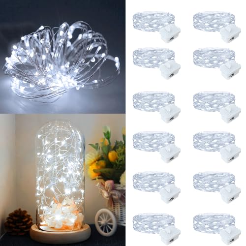 12 Pack Fairy Lights Battery Operated, 7ft 20 LED 3 Modes Speed Twinkle Mini String Lights Waterproof Silver Wire Firefly Starry Lights for Mason Jars Wedding Party Christmas Decorations - color: White, size: 12 Pack