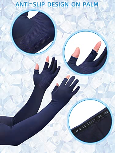 Bencailor 2 Pairs Sun Arm Sleeves for Men Women with 2 Finger Holes Anti Slip Long Cooling Arm UV Protective Sleeves - color: Black, Navy