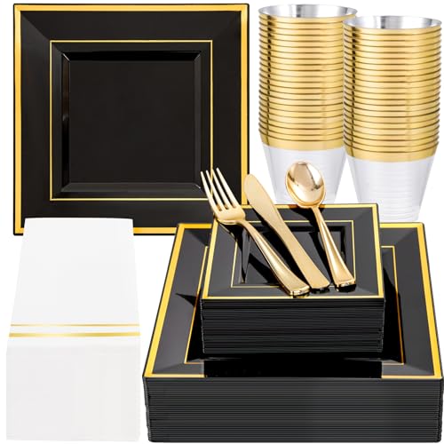 Festiva 350Pcs Black and Gold Plastic Plates-50Guests Disposable Square Black Dinnerware Set include 100 Plastic Plates,50Cups,150Plastic Cutlery,50Napkins for Birthday Party &Wedding - color: Square Black Gold, size: 50 Guests
