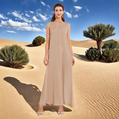 Modest Sleeveless Inner Dress for Abaya Muslim Women Maxi Long Slip Under Dress Prayer Islamic Dubai TurkeyJilbab Clothing - color: Khaki, size: Large