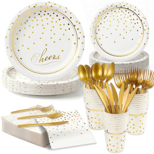 168 Pcs Paper Plates and Napkins Party Supplies, White and Gold Disposable Plates for 24 Guests, Golden Dot Party Plates, Napkins, Cups and Utensils Set for Birthday Wedding Graduation Party Decor - color: White Gold