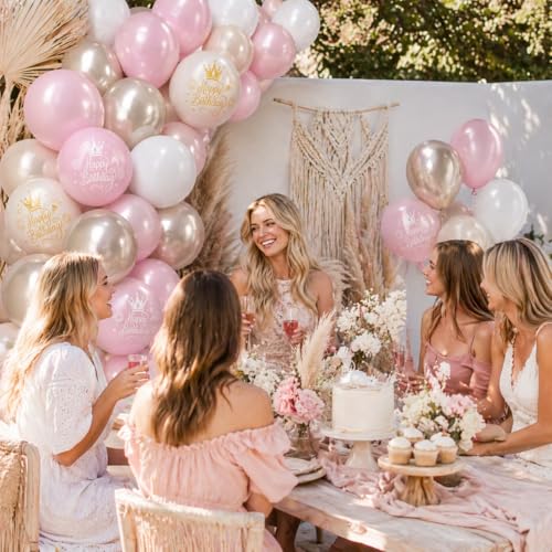 Dusty Pink Beige Gold Birthday Balloons for Women Girls, Double Stuffed Pearl Light Pink Dusty Rose Sand White Cream Printed Balloons with Metallic Light Gold Balloon for Boho Neutral Birthday Party - color: Dusty Pink White Birthday