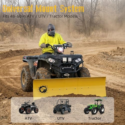 ATV/UTV Front Mount Land Leveler, 48"-60" Adjustable Steel Driveway Grader for Gravel&Dirt, Heavy Duty Yard Leveling Tool, Snow Plow Kit Compatible, 5-Position Angle, Winch Required (Sold Separately) - color: YELLOW