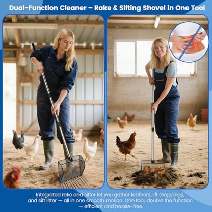 Chicken Poop Scooper for Sand, 2-in-1 Rake & Pooper Scooper with Large Sifting Shovel, Adjustable Stainless Steel Handle (36"-62"), Chicken Coop Litter Scoop & Cleaning Tool for Farm Animals
