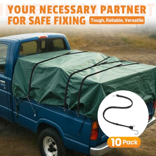 HOXWELL Adjustable 31" Rubber Bungee Cords with Hooks, EPDM Bungee Cord with 150% Max Stretch, Heavy Duty Bungee Straps for Securing Tarps, Canvases, Cargo, Motorcycle, Weatherproof, Pack of 10 - size: Adjustable 31 inch (Pack of 10)
