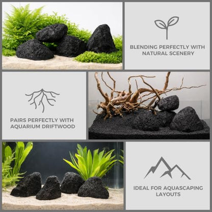 2.2-6.1 Inches Natural Black Lava Rock, 4 PCS Small Aquarium Rocks for Aquascaping, Terrariums, Reptile Tanks & Aquarium Décor - size: 2.2-6.1 in