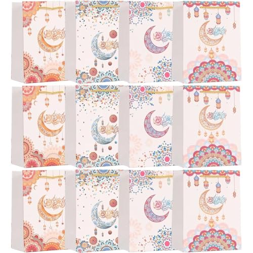 Sanfly Eid Mubarak Gift Bags 12pcs Ramadan Islamic-Themed Handheld Kraft Paper Bag Sweet Candy Bags for Arabian Eid Party