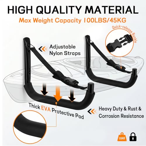 Kayak Storage Rack, Heavy Duty Wall Mount Kayak Hanger for Secure Storage, Garage Hooks for Kayaks, SUP Paddle Boards, Canoes, Surfboards - size: 10.6" x 15.5", Pack of 4