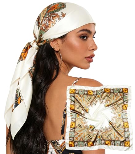Sumolux Head Hair Scarf for Women 35" Like Satin Silk Scarf Hair Wrapping Night Bandana Large Square Scarves - color: B Classic Beige