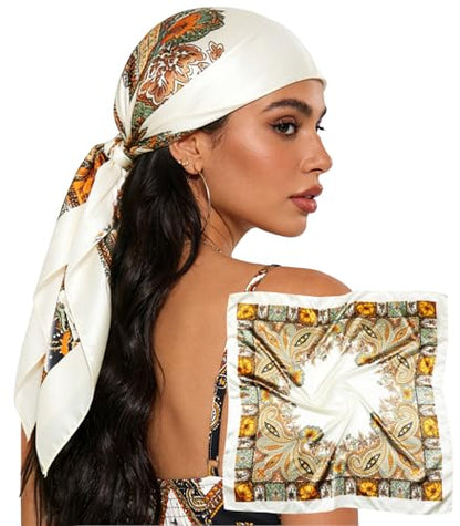Sumolux Head Hair Scarf for Women 35" Like Satin Silk Scarf Hair Wrapping Night Bandana Large Square Scarves - color: B Classic Beige